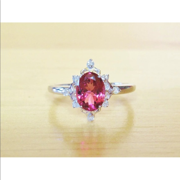 10k White Gold Pink Tourmaline Diamond Ring - Picture 1 of 8